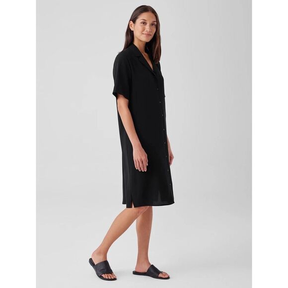 NEW Eileen Fisher Silk Georgette Crepe Notch Collar Dress in Black Size Medium - Picture 5 of 8